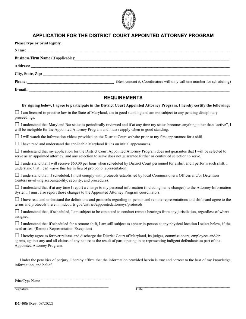 Application For Appointed Attorney Program {DC-086} | Pdf Fpdf Docx | Maryland