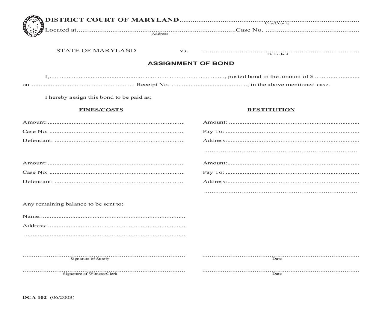 Assignment Of Bond {DCA 102} | Pdf Fpdf Doc Docx | Maryland