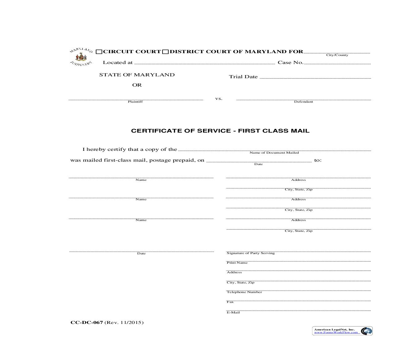 Certificate Of Service First Class Mail {DC-67} | Pdf Fpdf Doc Docx | Maryland