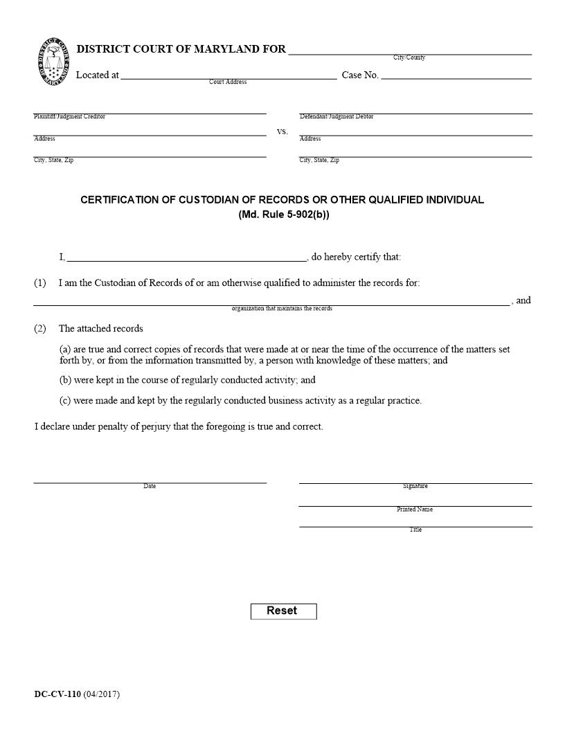 Certification Of Custodian Of Records {DC-CV-110} | Pdf Fpdf Docx | Maryland