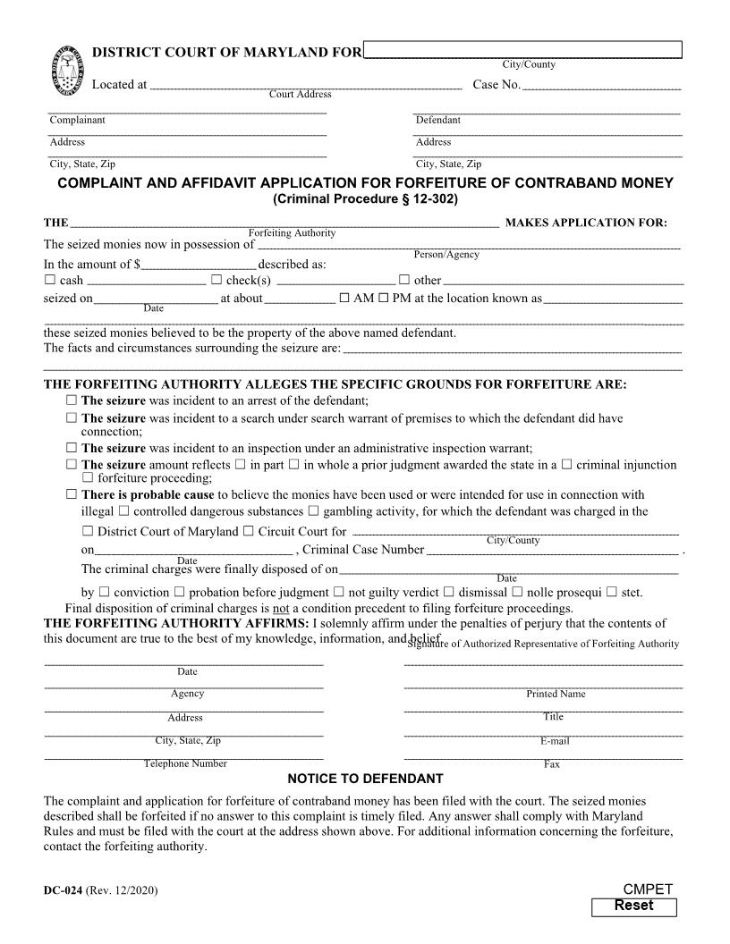 Complaint And Affidavit - Application For Forfeiture Of Contraband Money {DC 24} | Pdf Fpdf Doc Docx | Maryland
