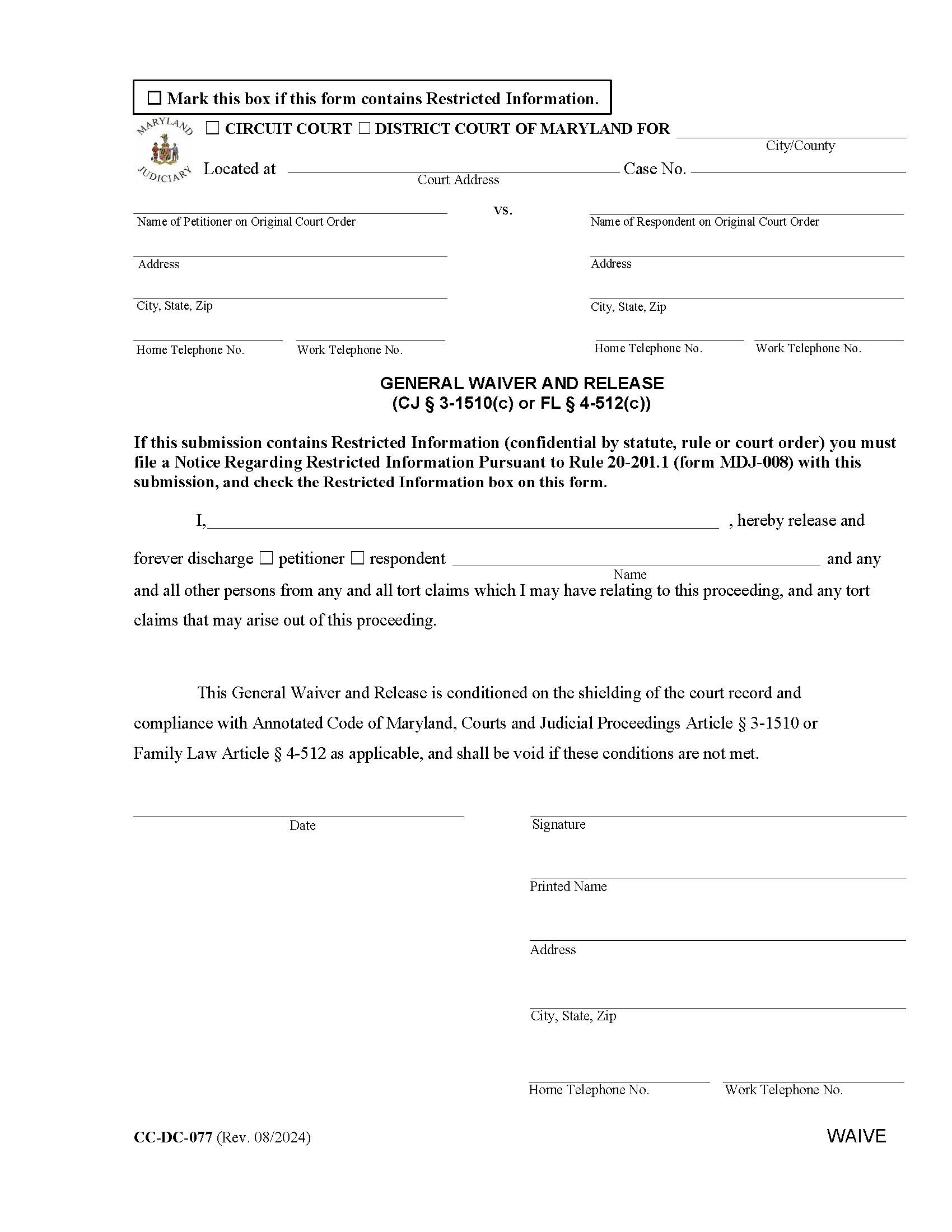 General Waiver And Release {DC-077} | Pdf Fpdf Docx | Maryland