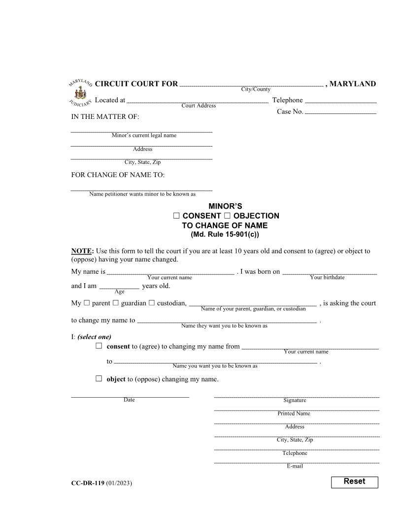 Minors Consent Or Objection To Change Of Name {DR-119} | Pdf Fpdf Docx | Maryland