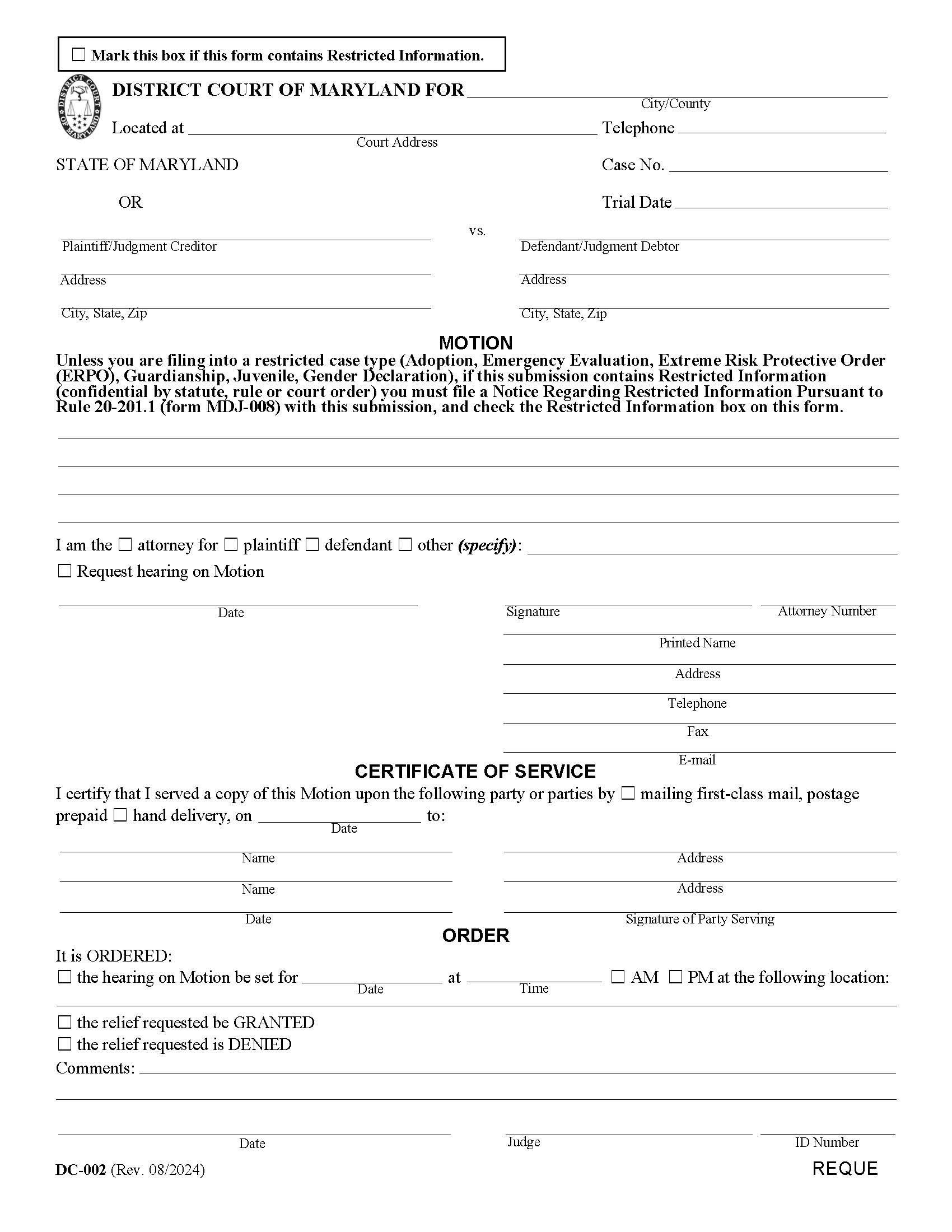 Motion And Certificate Of Service And Order {DC 2} | Pdf Fpdf Docx | Maryland