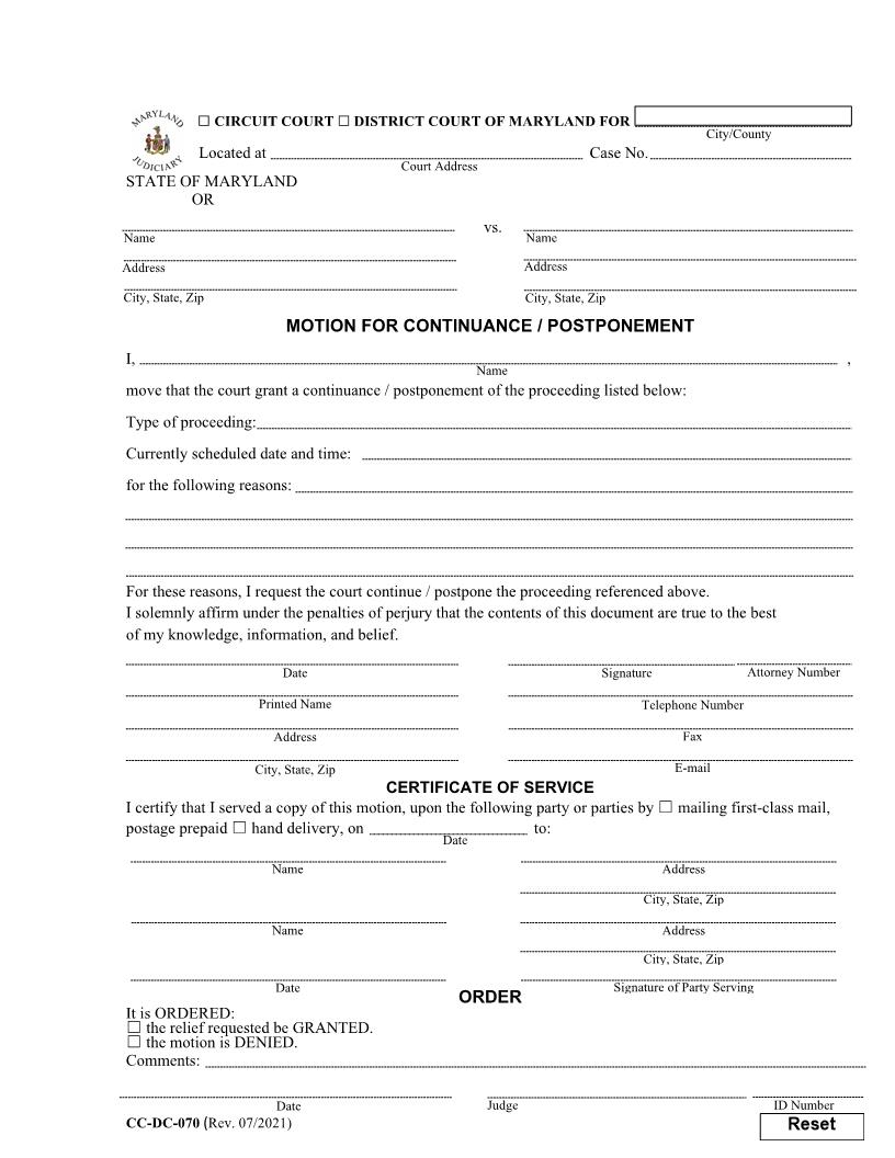 Motion For Postponement {DC-70} | Pdf Fpdf Docx | Maryland