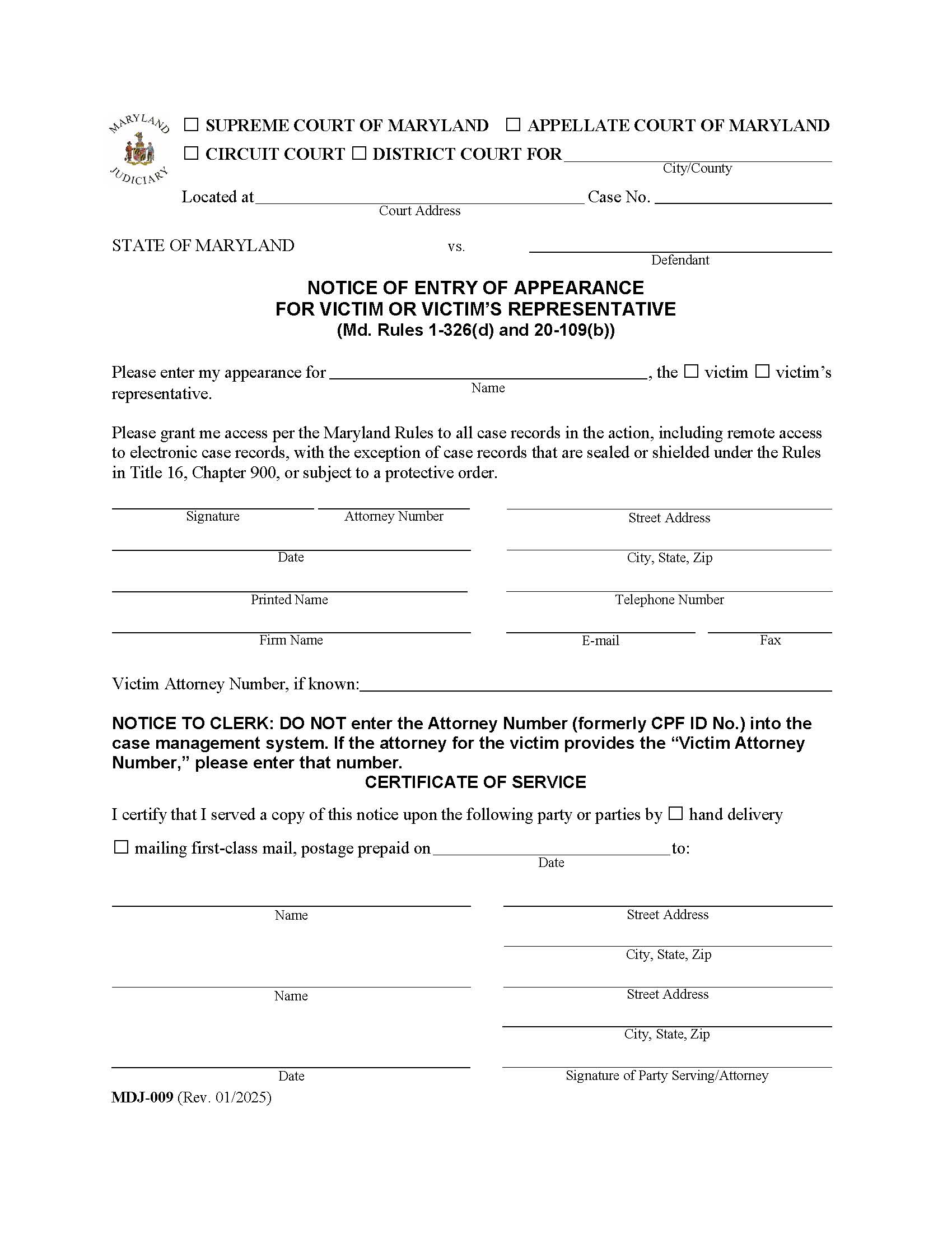 Notice Of Entry Of Appearance For Victim Or Victims Representative {MDJ-009} | Pdf Fpdf Docx | Maryland
