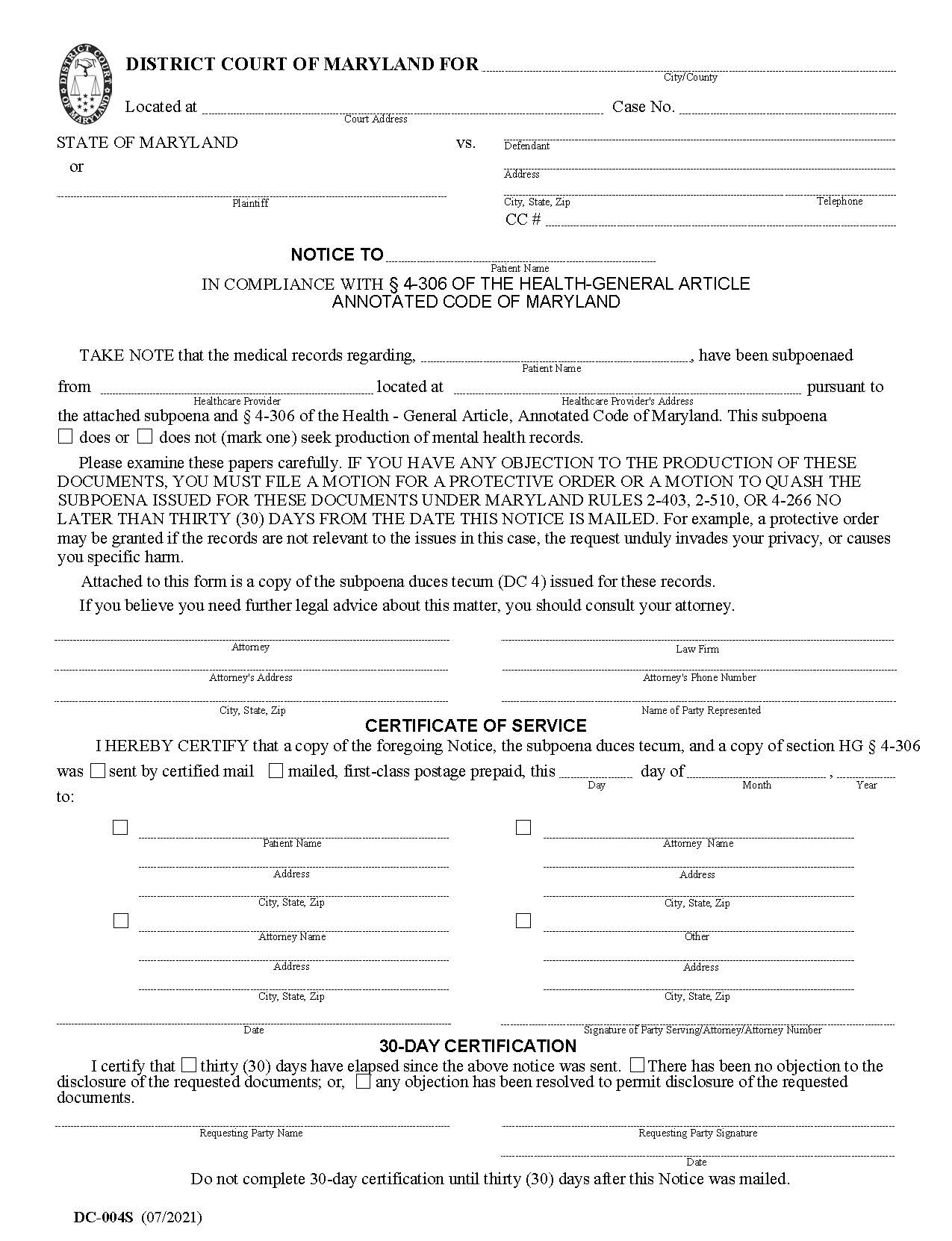 Notice Of Intent To Subpoena Medical Records {DC-004S} | Pdf Fpdf Docx | Maryland