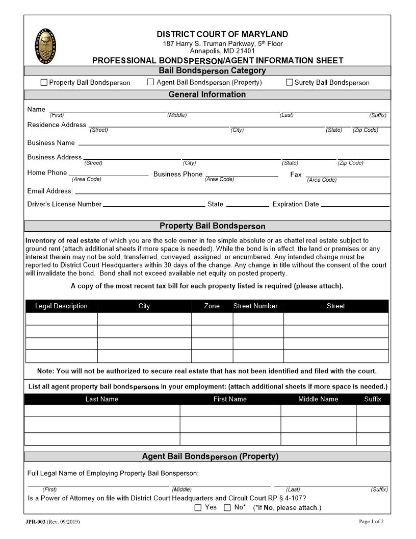 Professional Bondsman Agent Information Sheet {JPR 3} | Pdf Fpdf Docx | Maryland
