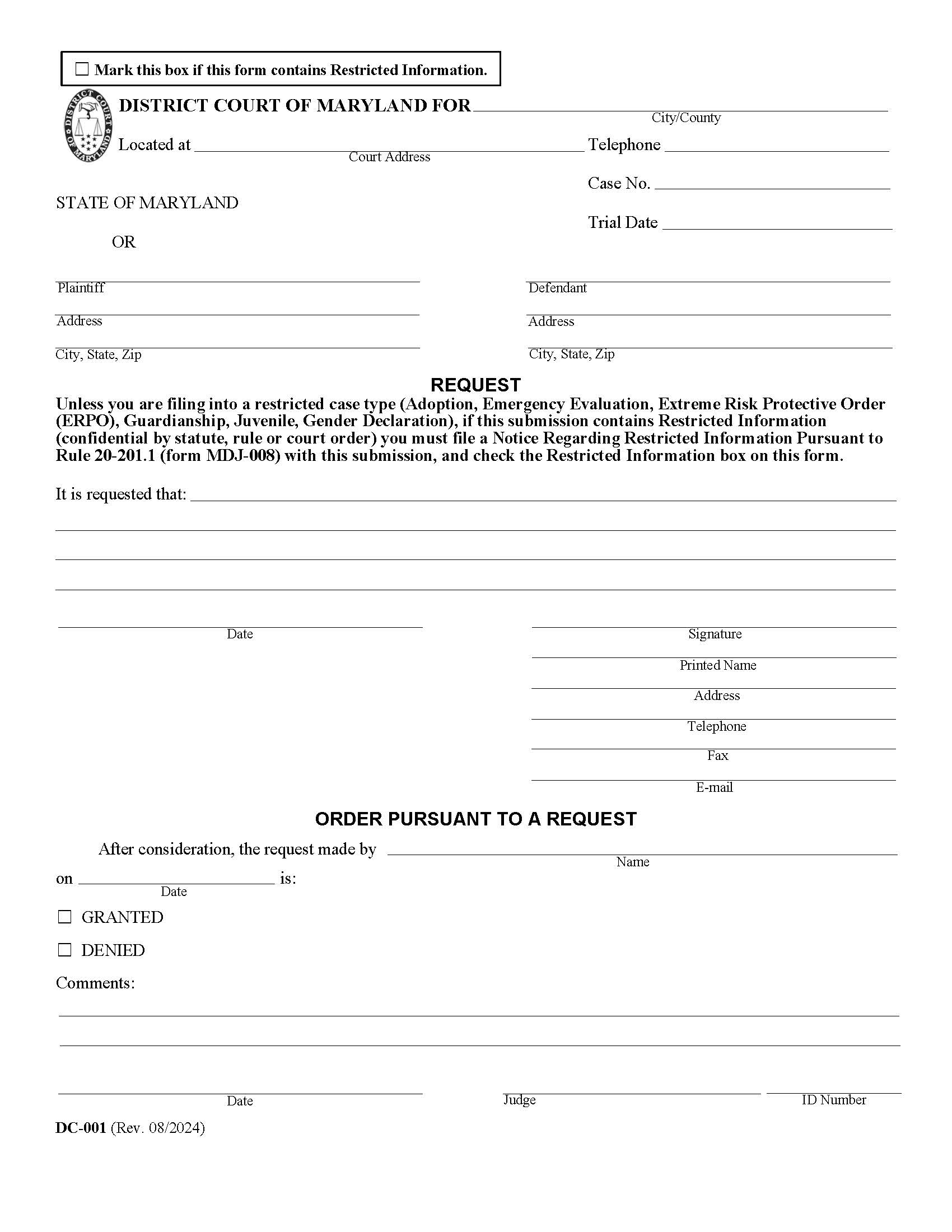 Request And Order Pursuant To A Request {DC 1} | Pdf Fpdf Doc Docx | Maryland