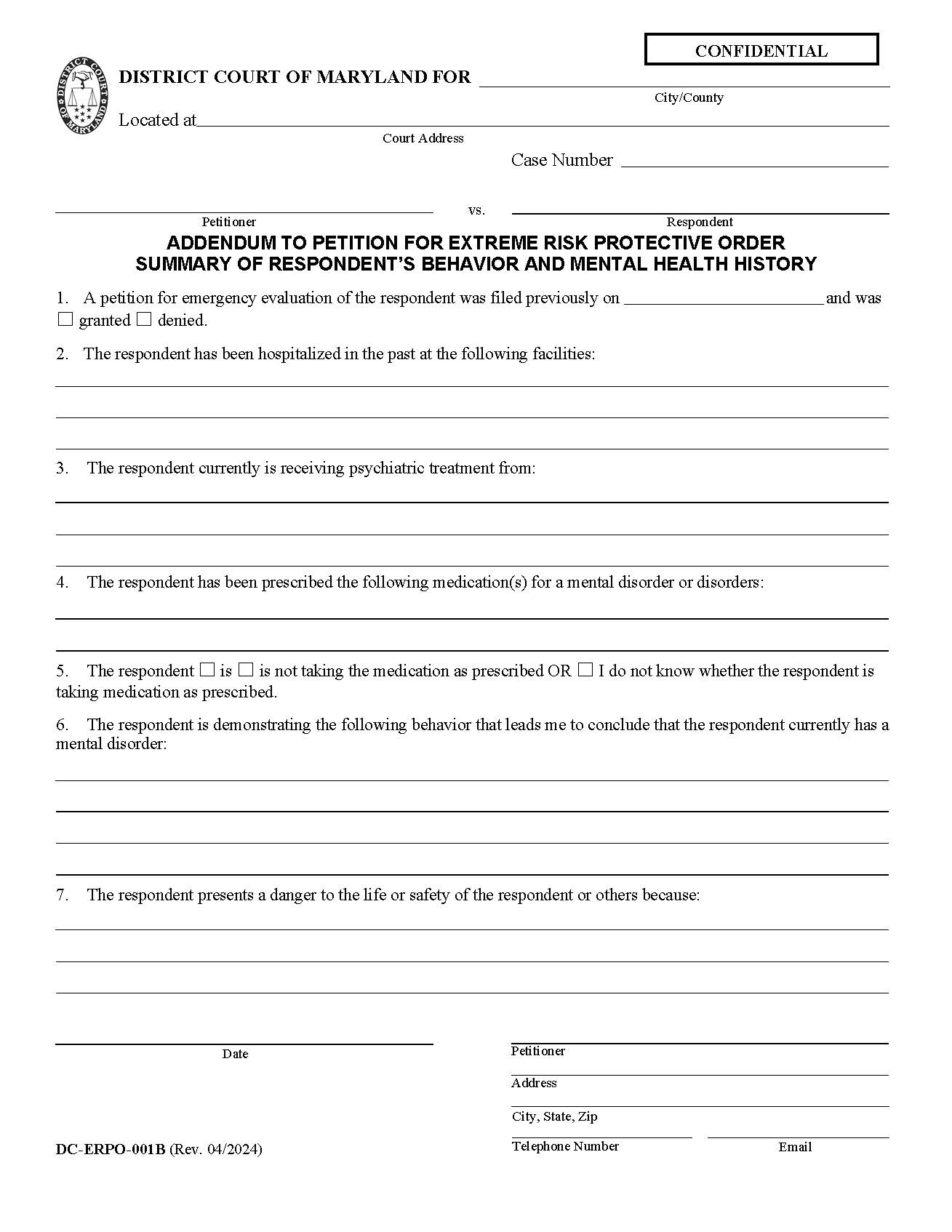 Adddendum To Petition For Extreme Risk Protective Order Behavior And Mental Health History {DC-ERPO-001B} | Pdf Fpdf Docx | Maryland