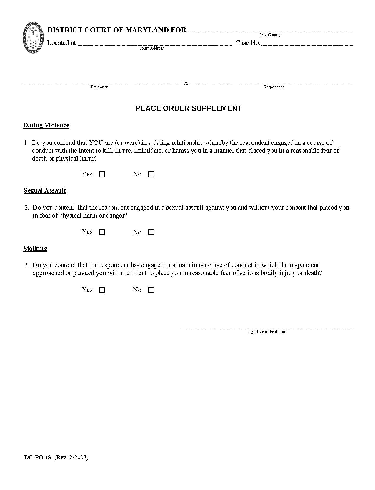 Peace Order Supplement {DC-PO 1S} | Pdf Fpdf Doc Docx | Maryland