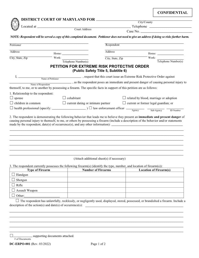 Petition For Extreme Risk Protective Order {DC-ERPO-001} | Pdf Fpdf Docx | Maryland