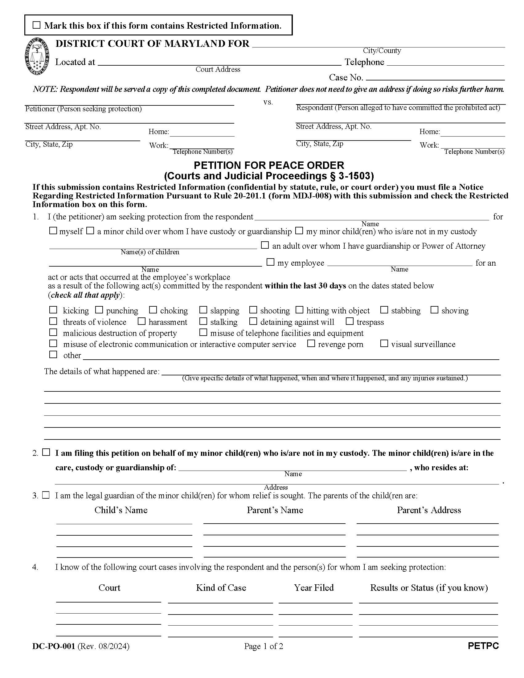 Petition For Peace Order {DC-PO 1} | Pdf Fpdf Doc Docx | Maryland