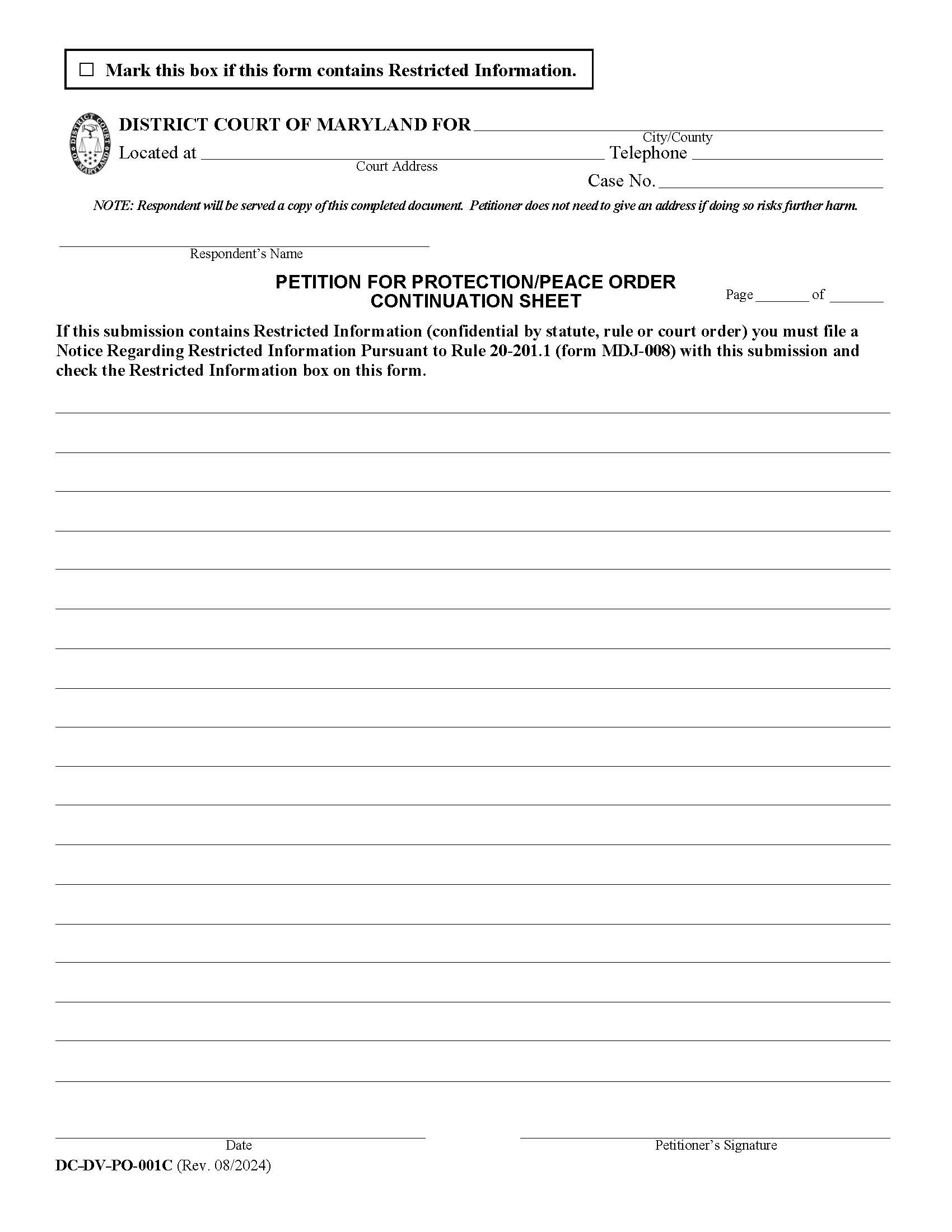 Petition For Peace Order Continuation Sheet {DC-DV-PO1C} | Pdf Fpdf Docx | Maryland
