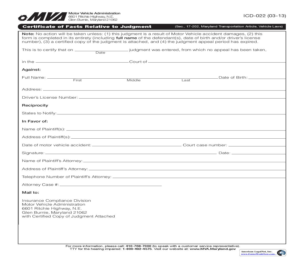 Certificate Of Facts Relative To Judgement {ICD-022} | Pdf Fpdf Doc Docx | Maryland