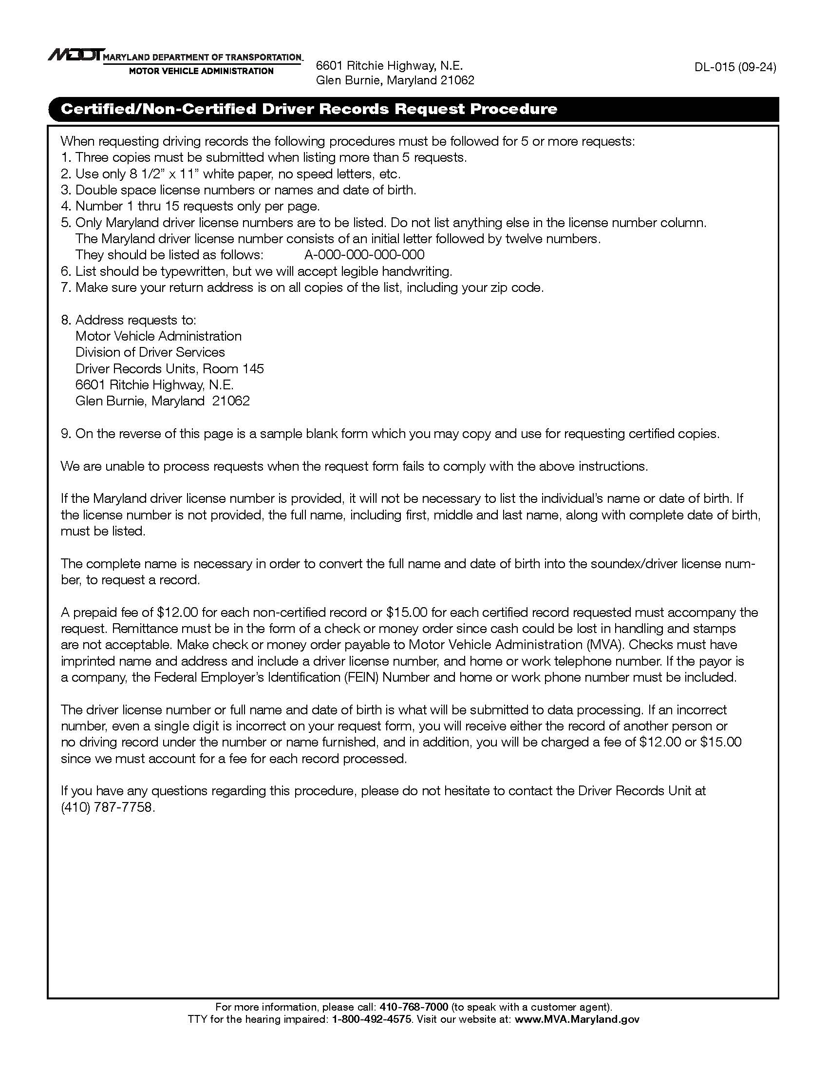 Certified NonCertified Driver Records Request Procedure {DL-015} | Pdf Fpdf Doc Docx | Maryland