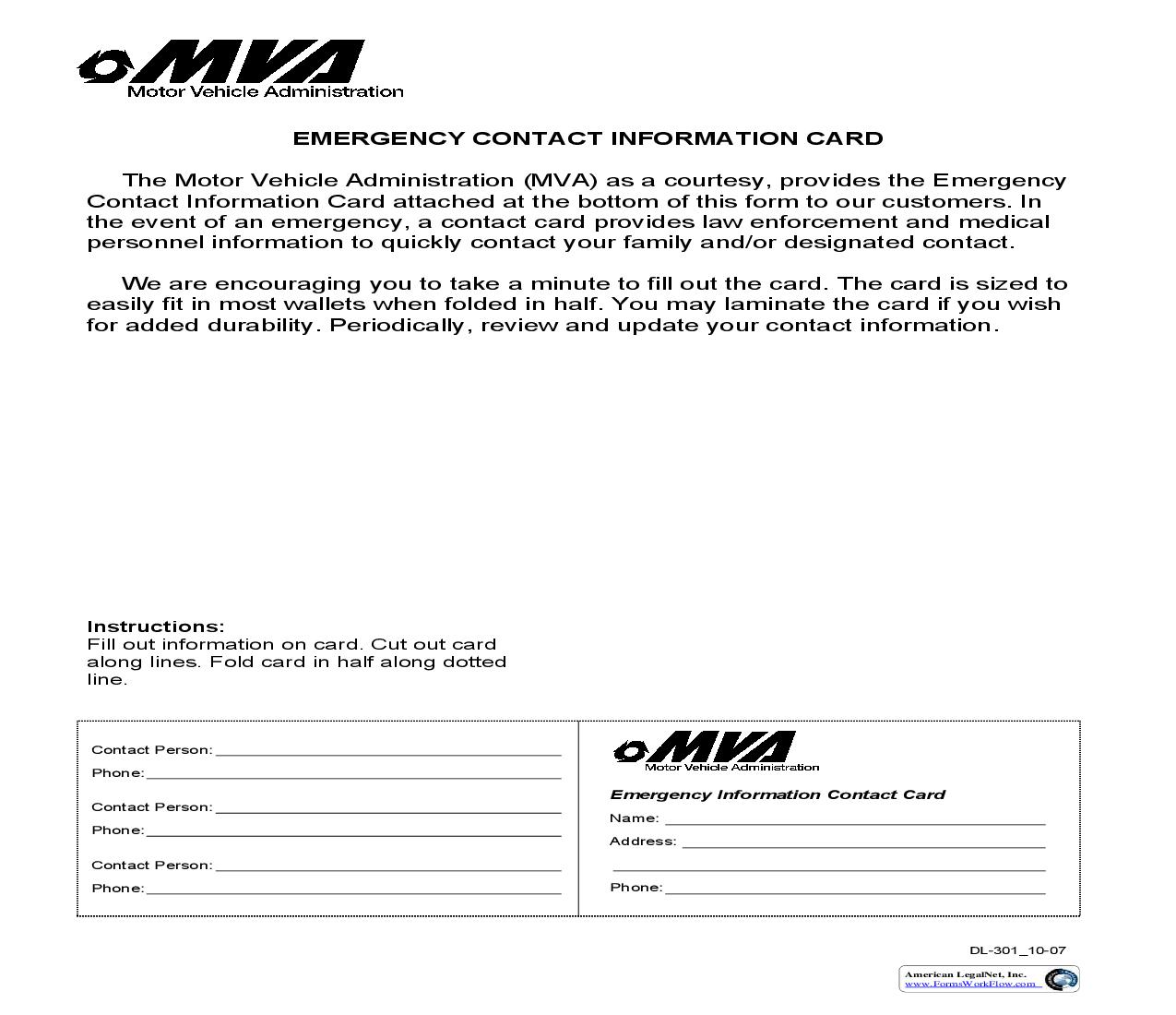 Emergency Contact Information Card {DL-301} | Pdf Fpdf Doc Docx | Maryland