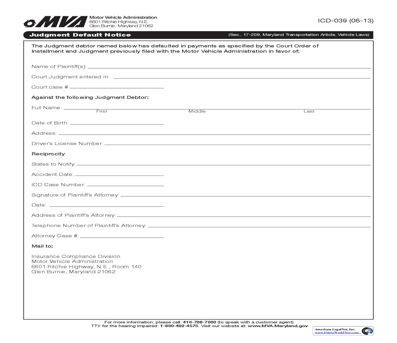 Judgement Default Notice {ICD-039} | Pdf Fpdf Doc Docx | Maryland