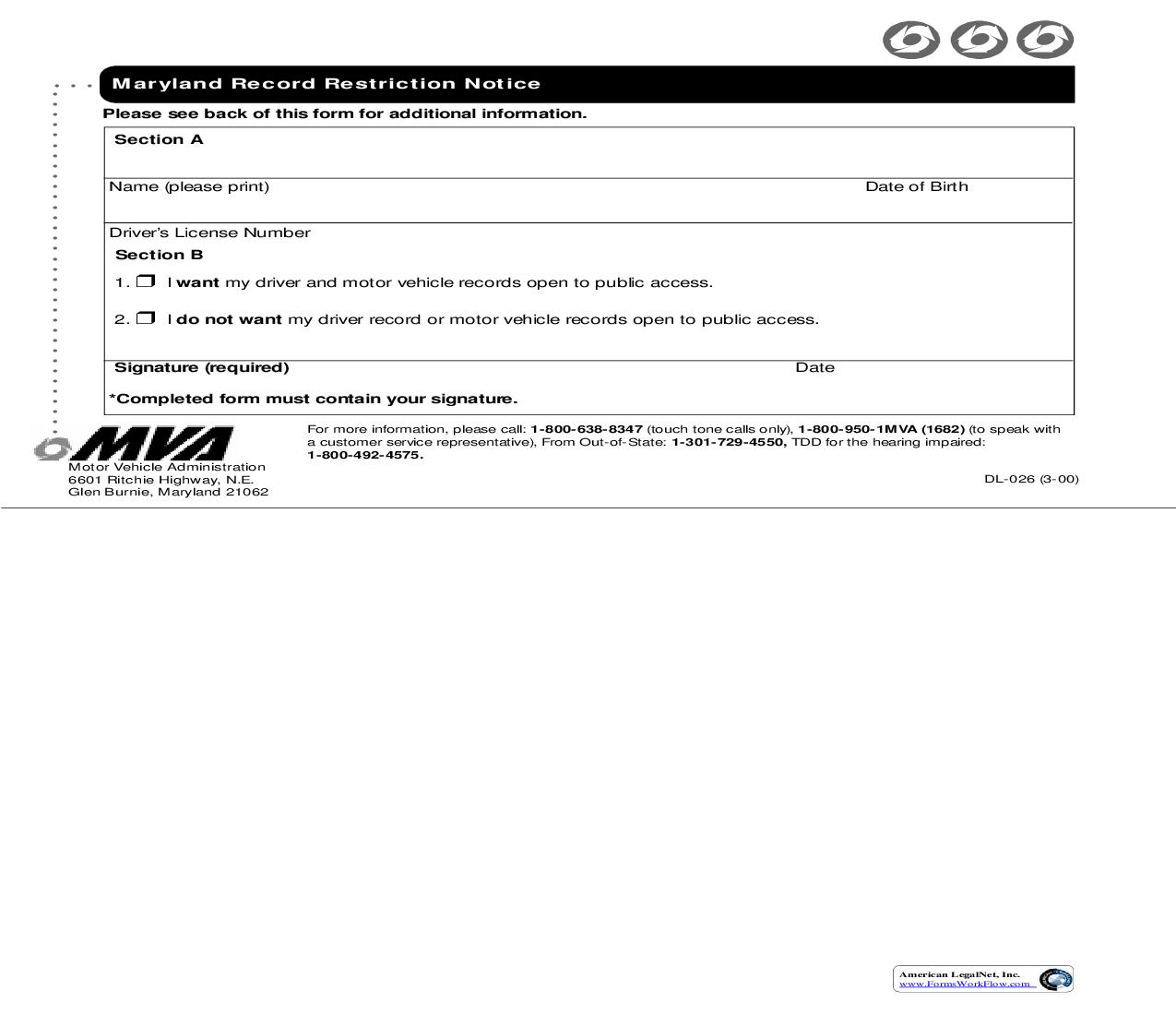 Record Restriction Notice {DL-026} | Pdf Fpdf Doc Docx | Maryland