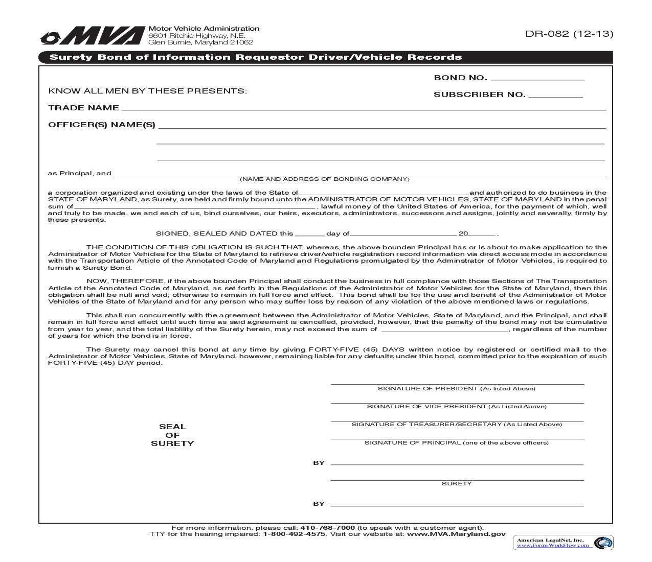 Surety Bond Of Information Requestor Driver Vehicle Records {DR-082} | Pdf Fpdf Doc Docx | Maryland