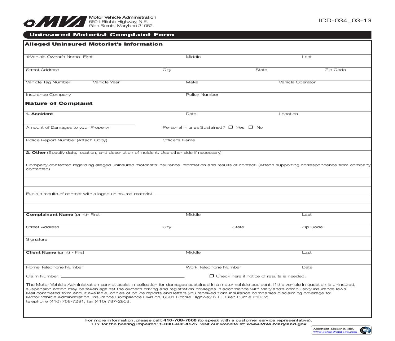 Uninsured Motorist Complaint Form {ICD-034} | Pdf Fpdf Doc Docx | Maryland