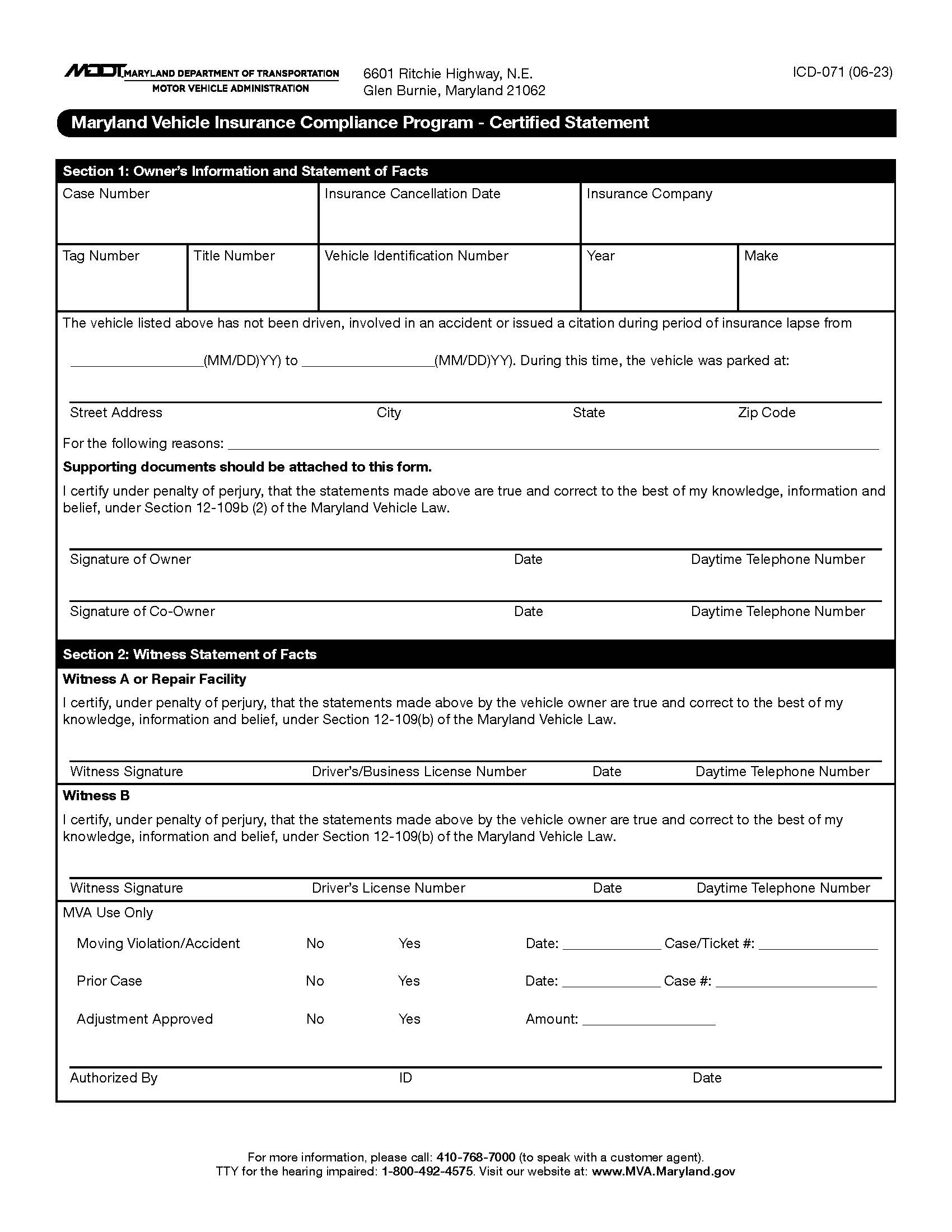 Vehicle Insurance Compliance Program {ICD-071} | Pdf Fpdf Doc Docx | Maryland