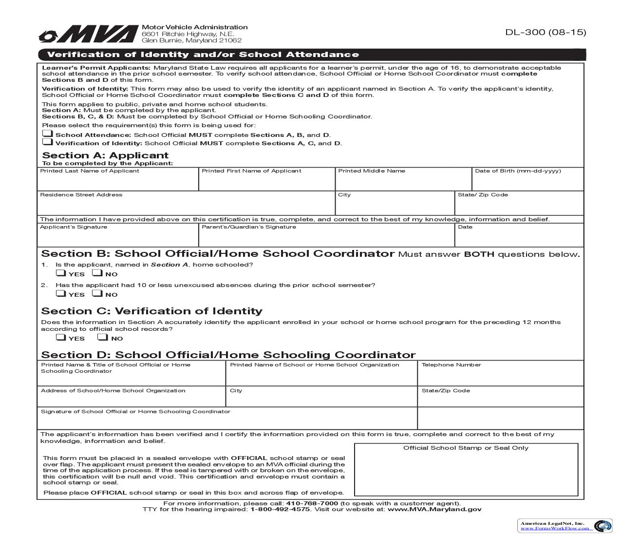 Verification Of Identity And Or School Attendance {DL-300} | Pdf Fpdf Doc Docx | Maryland