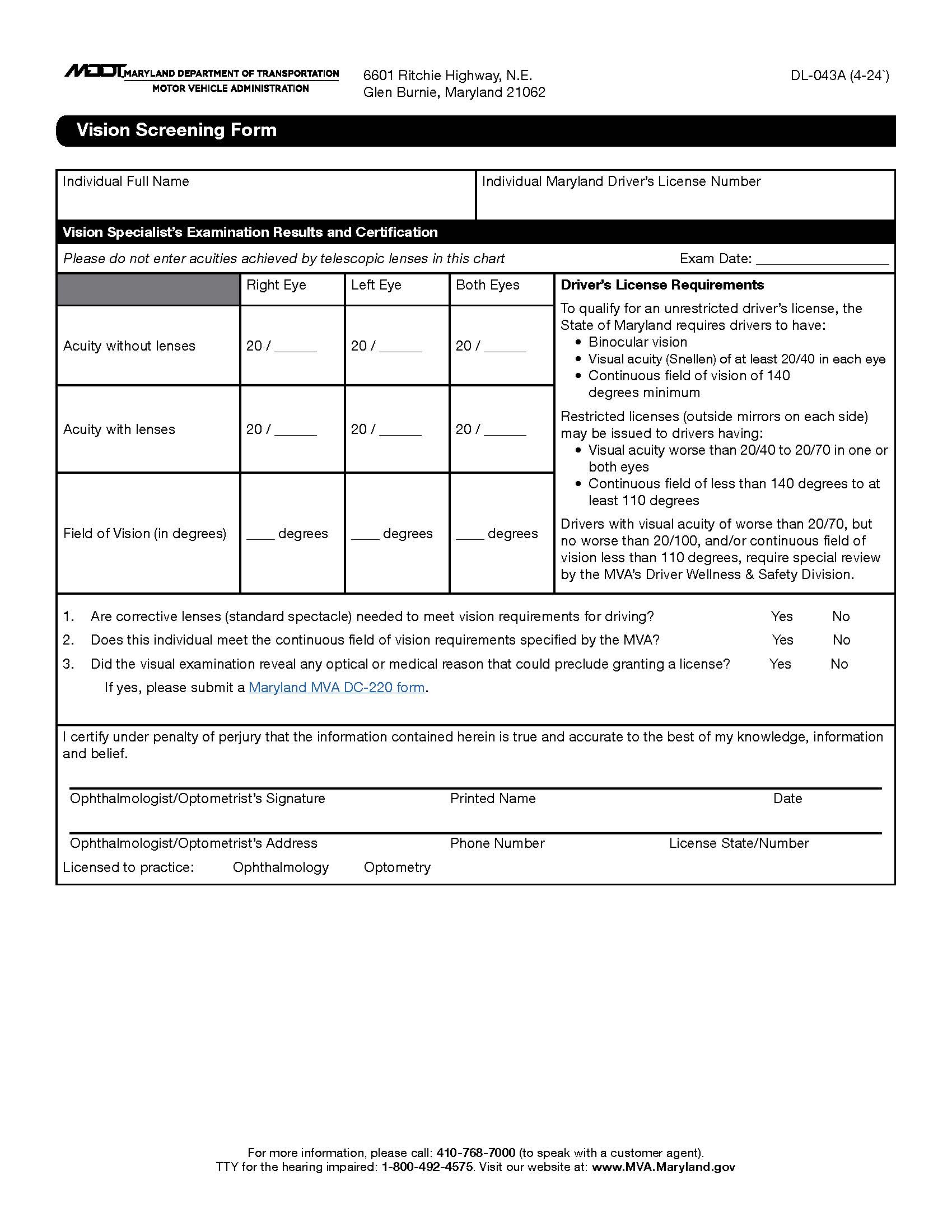 Vision Screening Form {DL-043A} | Pdf Fpdf Docx | Maryland