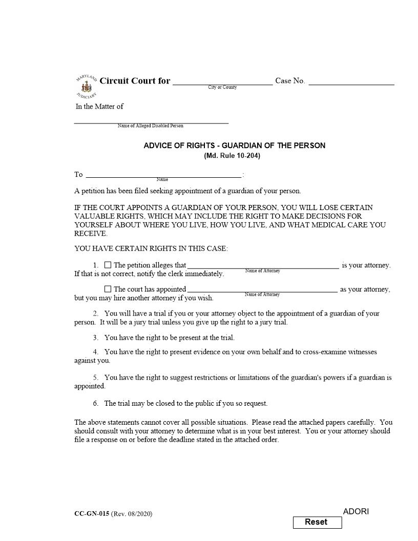 Advice Of Rights Guardian Of The Person {CC-GN-015} | Pdf Fpdf Docx | Maryland