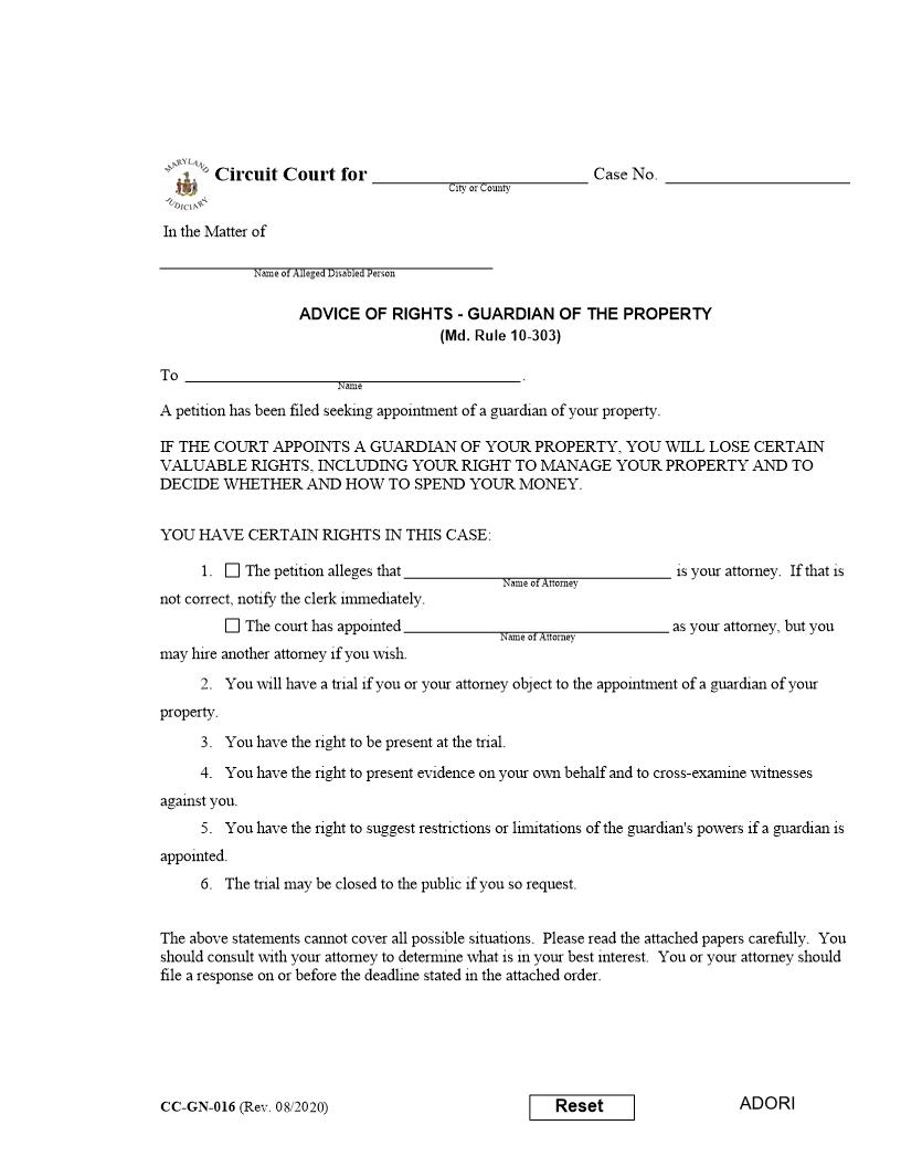 Advice Of Rights Guardian Of The Property {CC-GN-016} | Pdf Fpdf Docx | Maryland