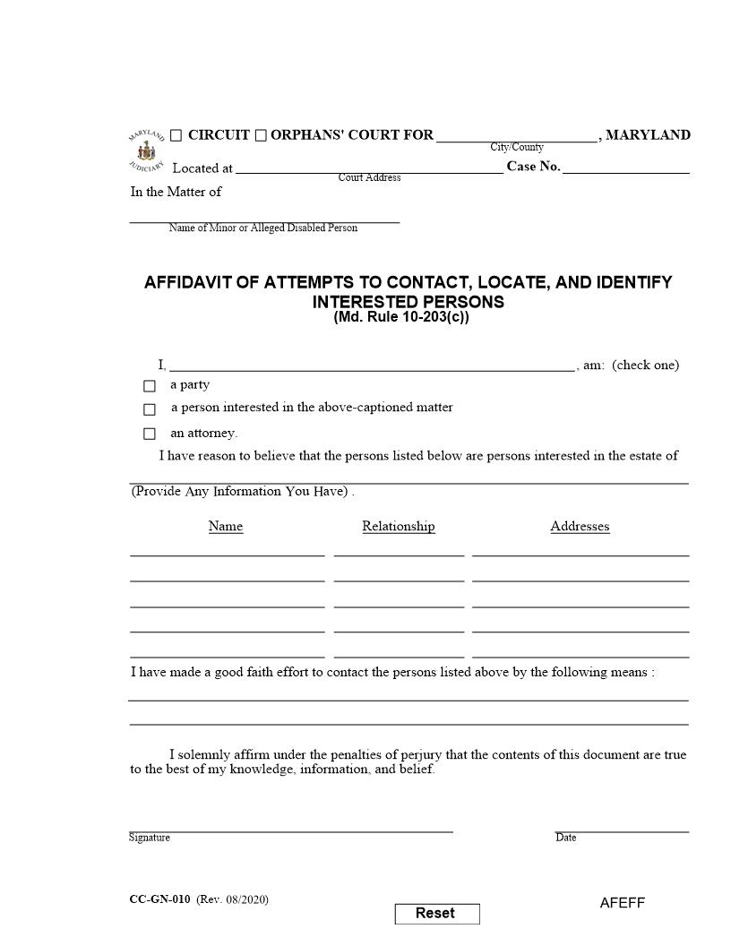 Affidavit Of Attempts To Contact Interested Persons {CC-GN-010} | Pdf Fpdf Docx | Maryland