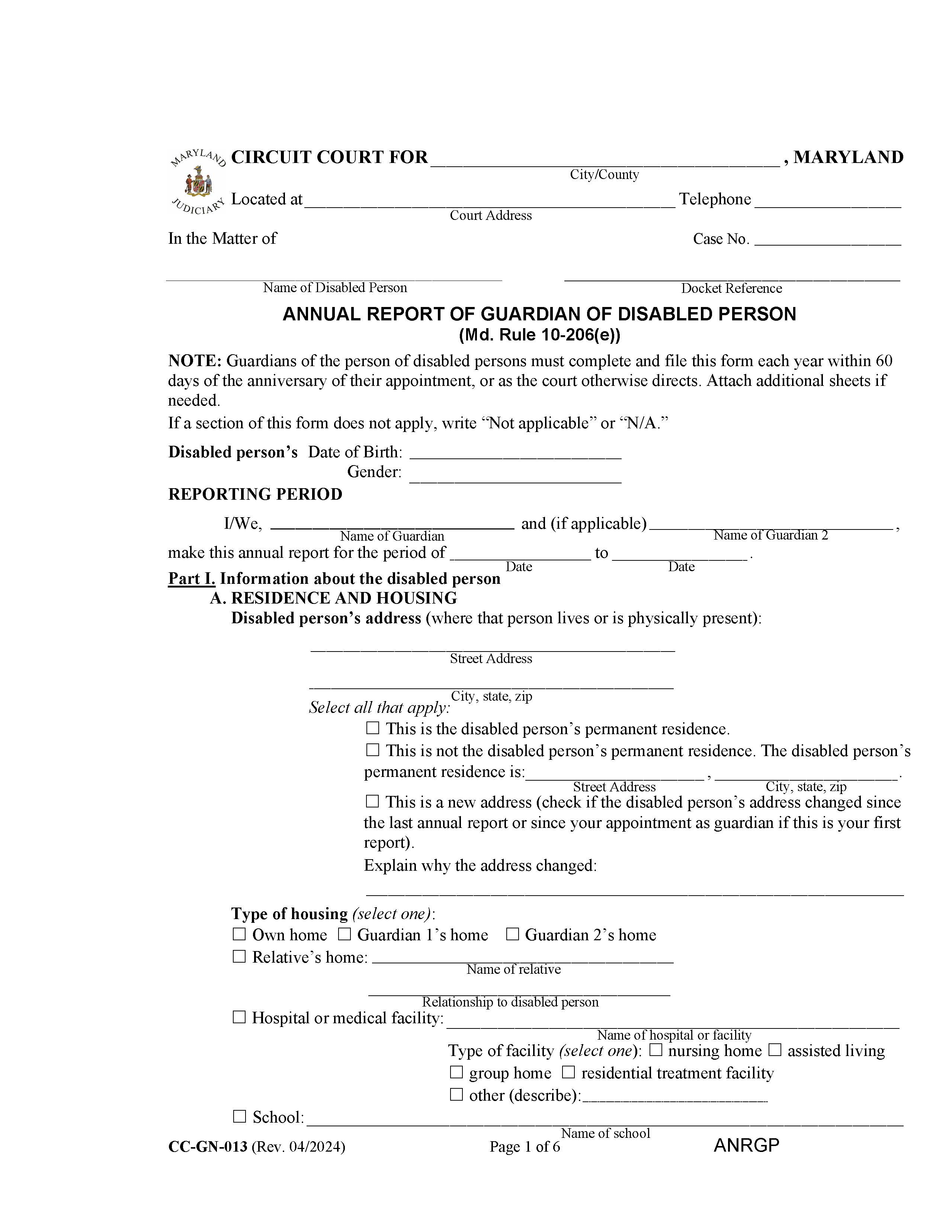Annual Report Of Guardian Of Disabled Person {CC-GN-013} | Pdf Fpdf Docx | Maryland