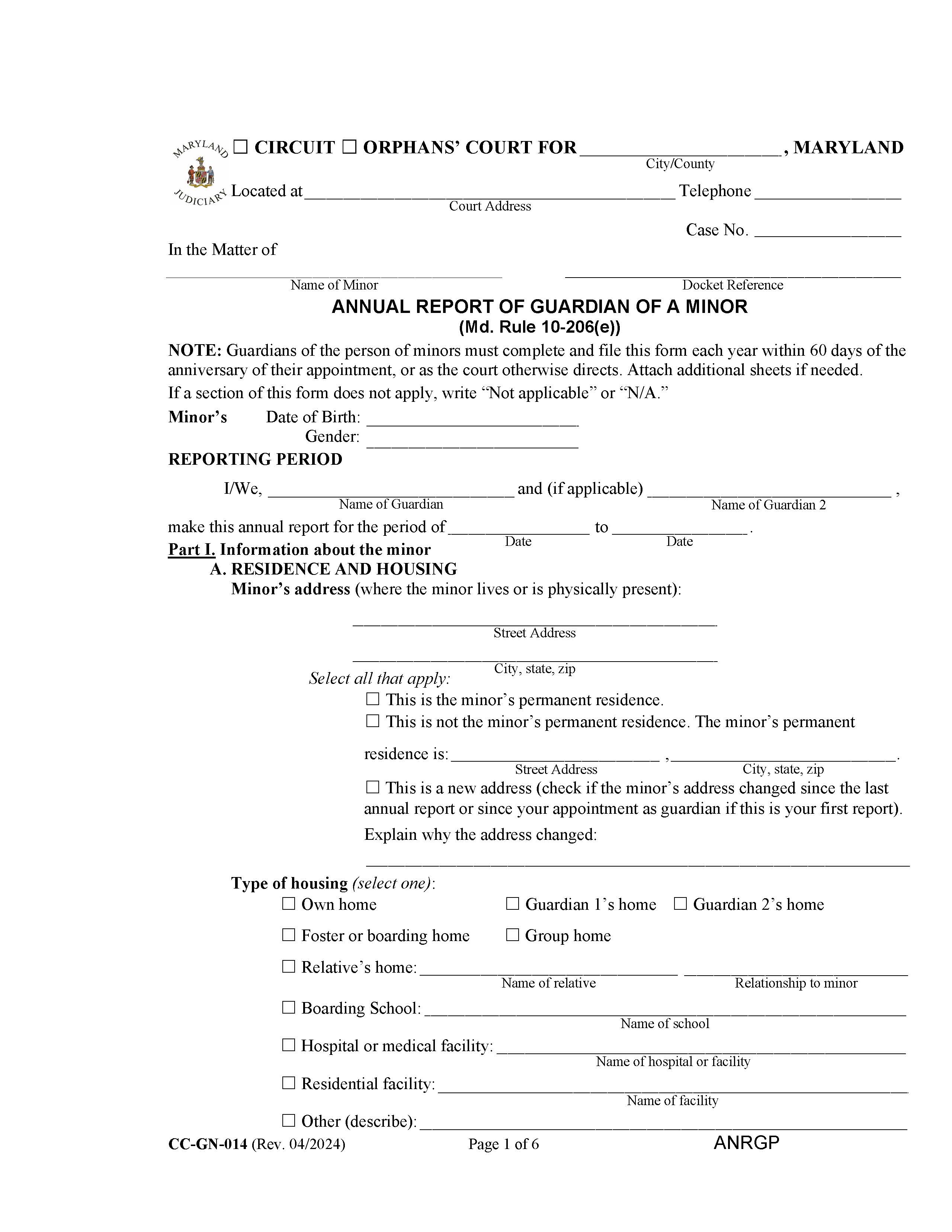 Annual Report Of Guardian Of Minor {CC-GN-014} | Pdf Fpdf Docx | Maryland