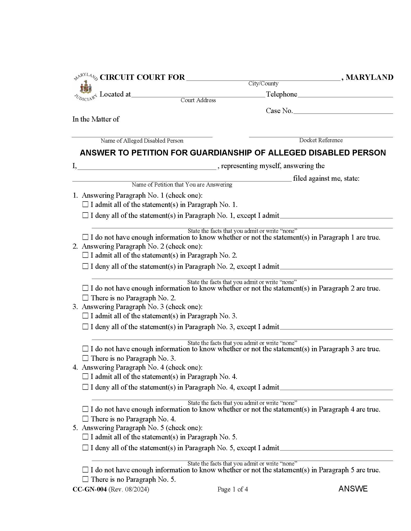 Answer To Petition For Guardianship Of Alleged Disabled Person {CC-GN-004}  | Pdf Fpdf Docx | Maryland