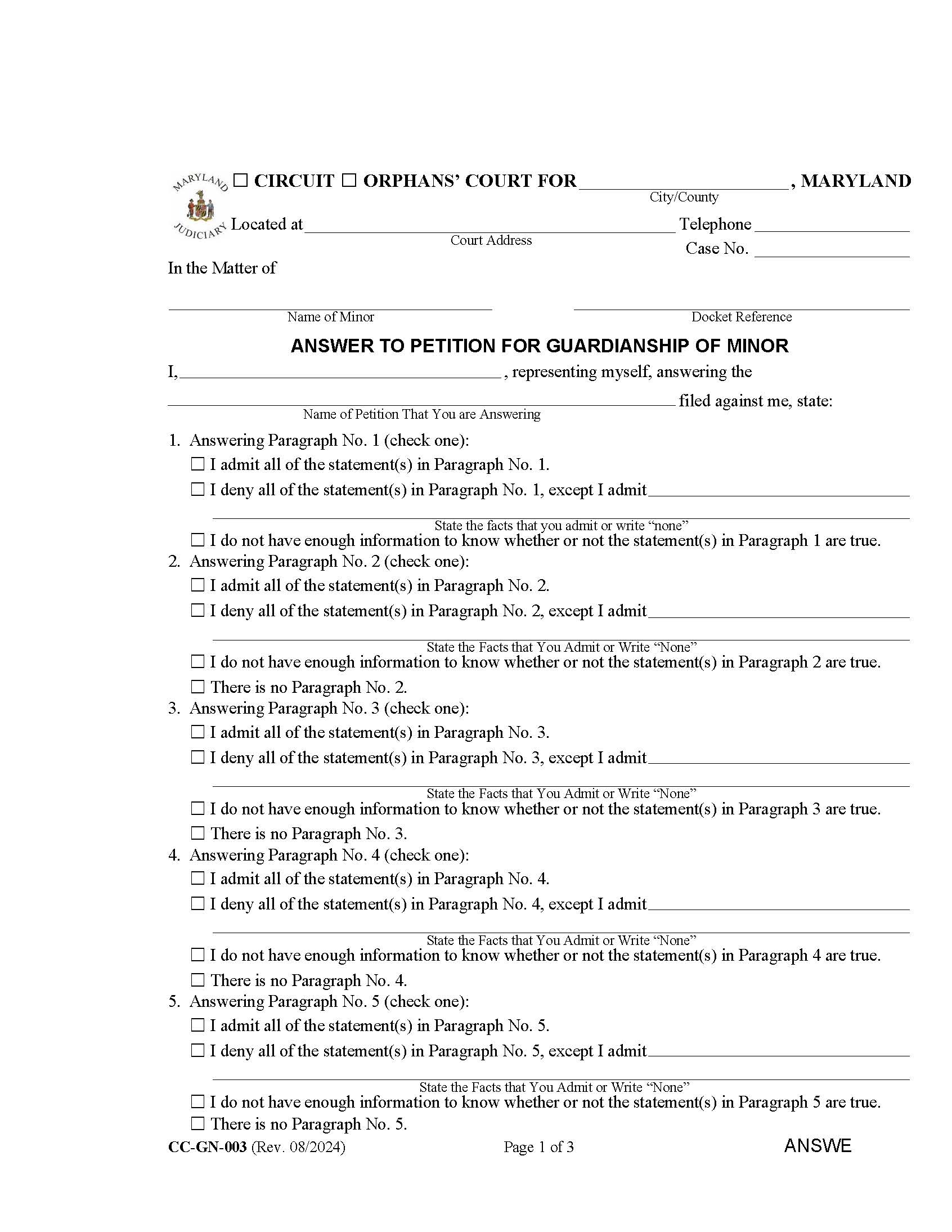 Answer To Petition For Guardianship Of Minor {CC-GN-003} | Pdf Fpdf Docx | Maryland