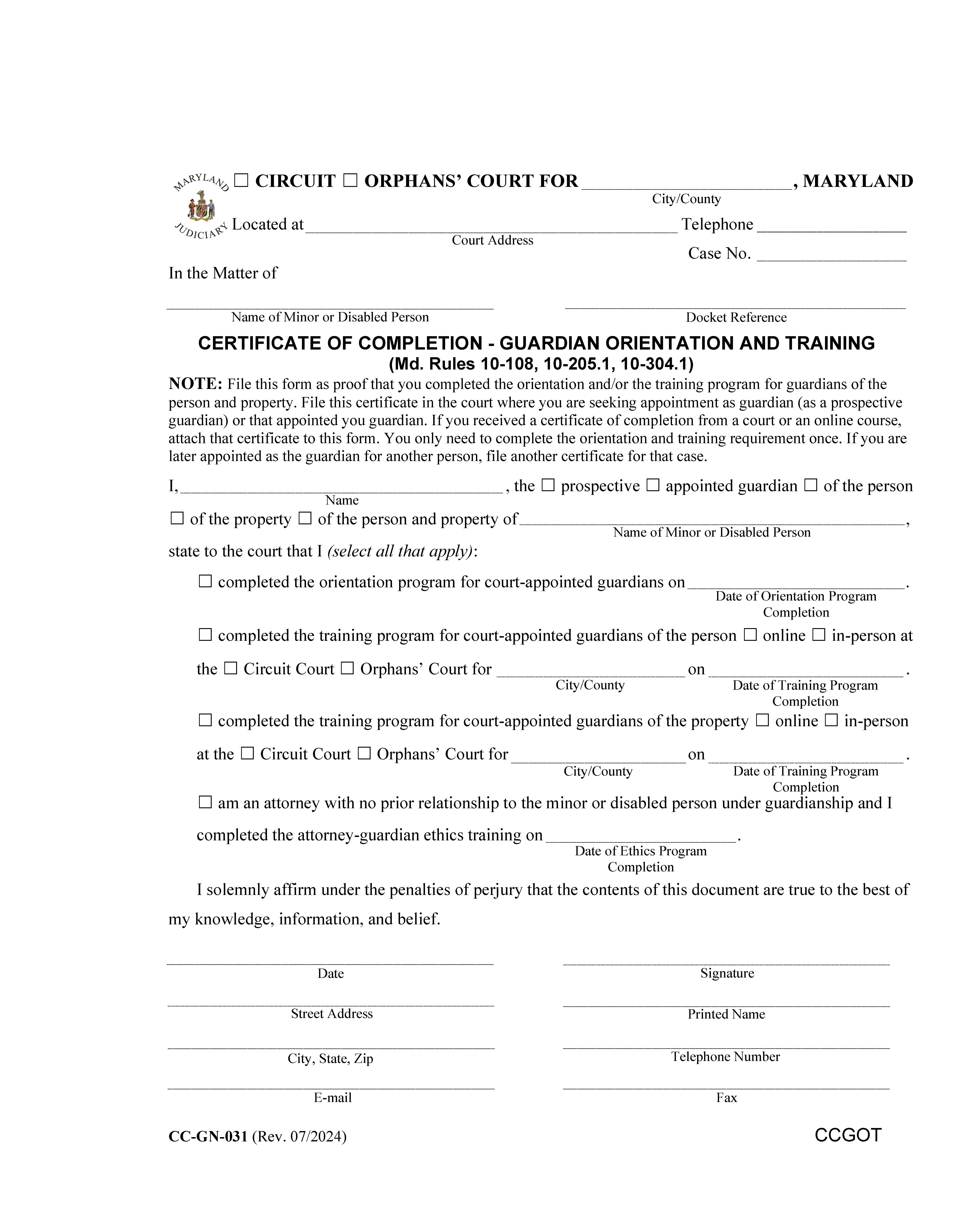 Certificate Of Completion Guardian Orientation And Training {CC-GN-031} | Pdf Fpdf Docx | Maryland