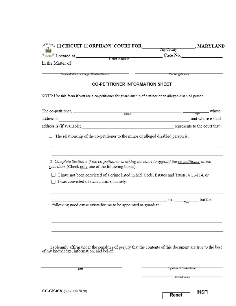 Co Petitioner Information Sheet {CC-GN-018} | Pdf Fpdf Docx | Maryland