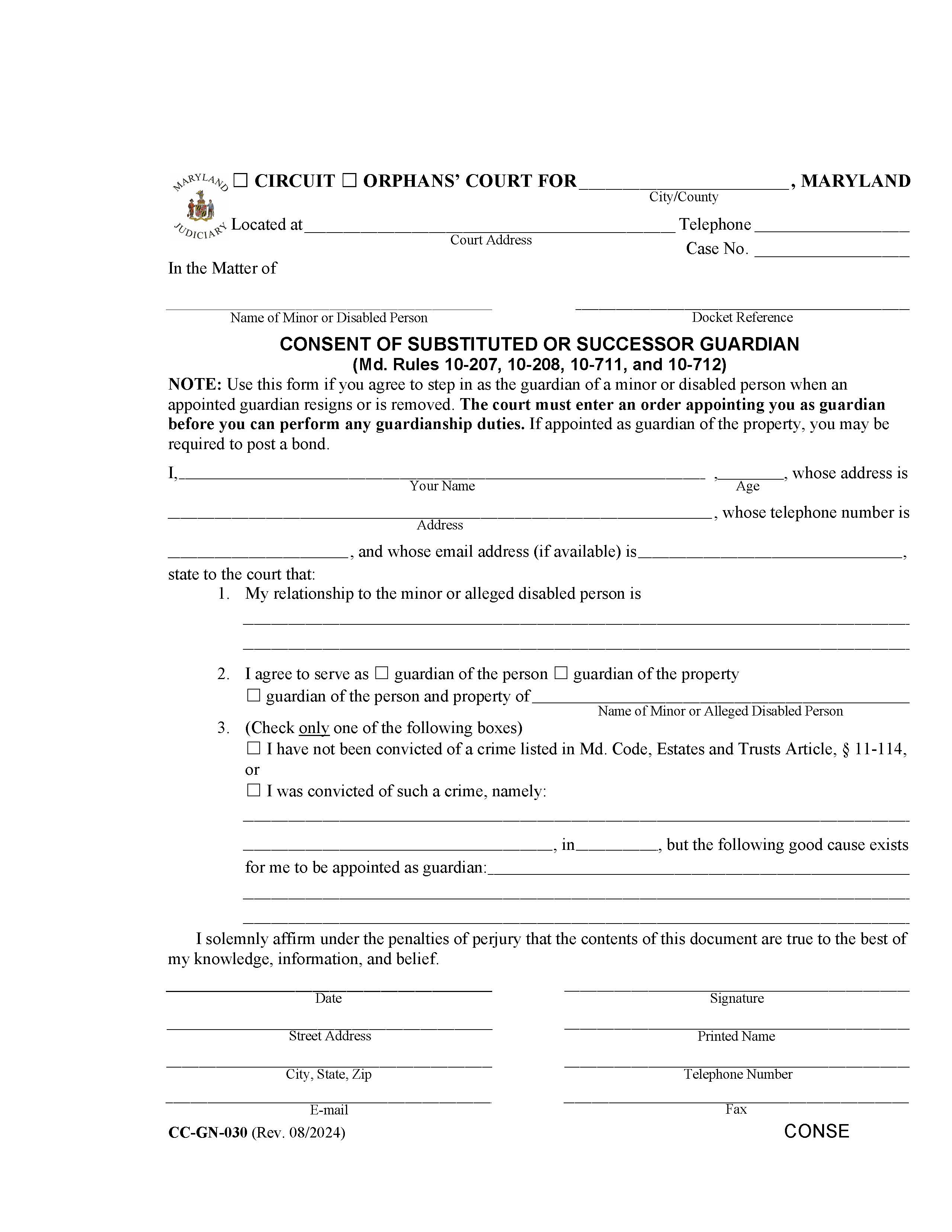 Consent Of Substituted Or Successor Guardian {CC-GN-030} | Pdf Fpdf Docx | Maryland