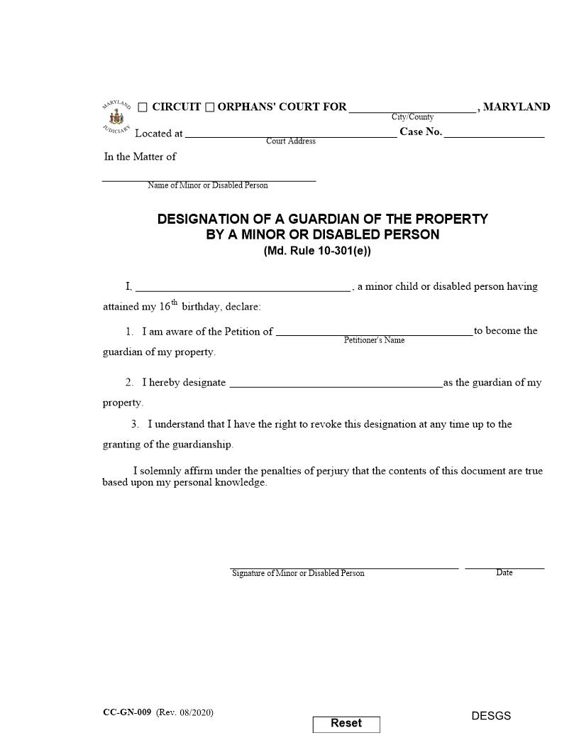 Designation Of A Guardian Of The Property By A Minor Or Disabled Person {CC-GN-009} | Pdf Fpdf Docx | Maryland