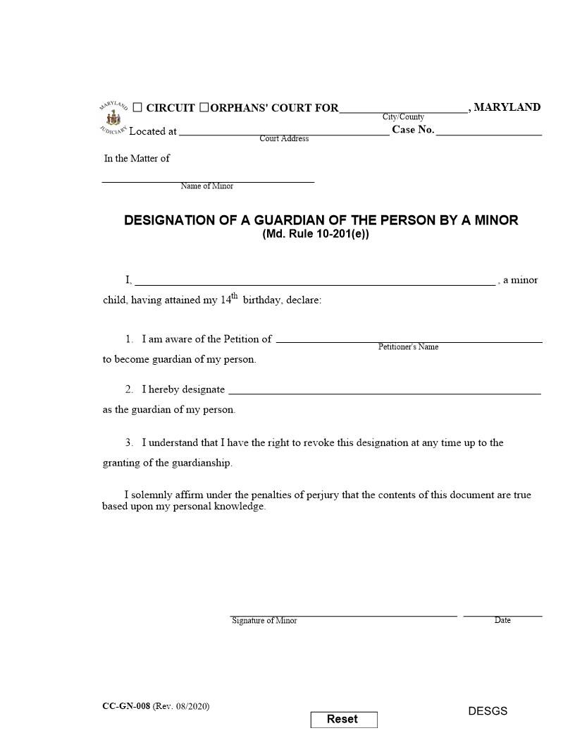 Designation Of A Guardian Of the Person By A Minor {CC-GN-008} | Pdf Fpdf Docx | Maryland