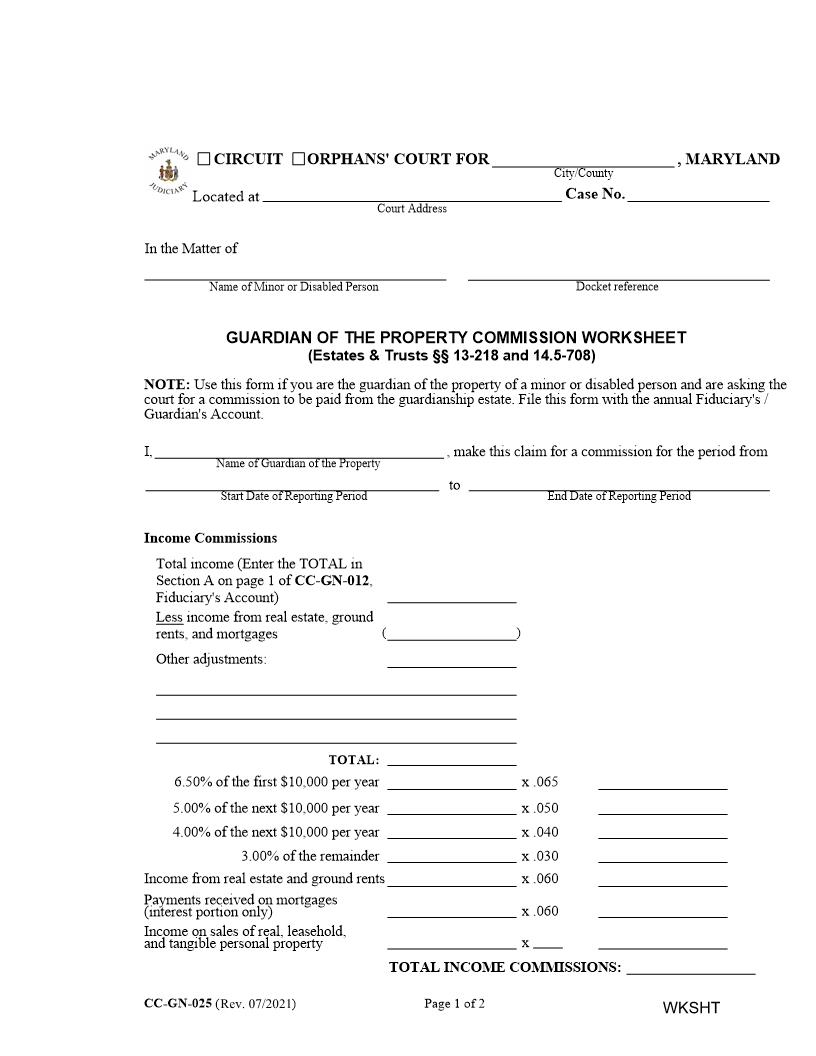 Guardian Of the Property Commission Worksheet {CC-GN-025} | Pdf Fpdf Docx | Maryland