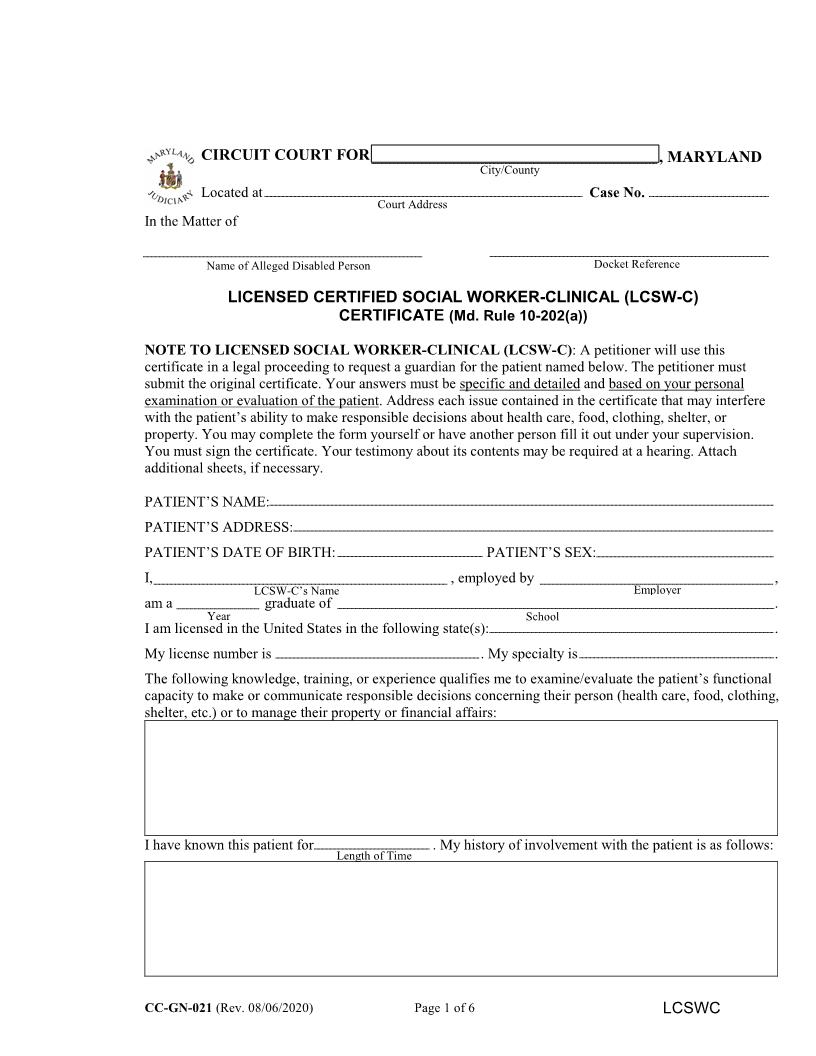 Licensed Certified Social Worker Clinical Certificate {CC-GN-021} | Pdf Fpdf Docx | Maryland