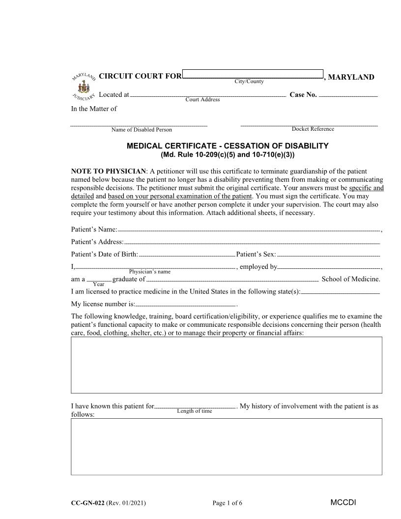 Medical Certificate Cessation Of  Disability {CC-GN-022} | Pdf Fpdf Docx | Maryland