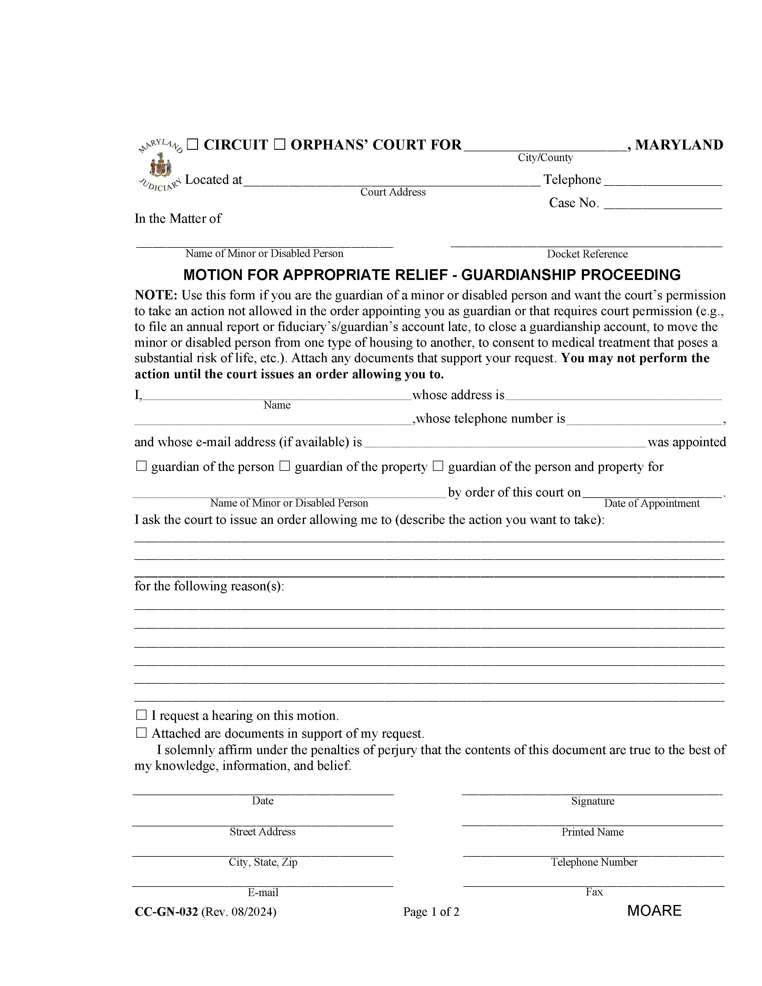 Motion For Appropriate Relief Guardianship Proceding {CC-GN-032} | Pdf Fpdf Docx | Maryland