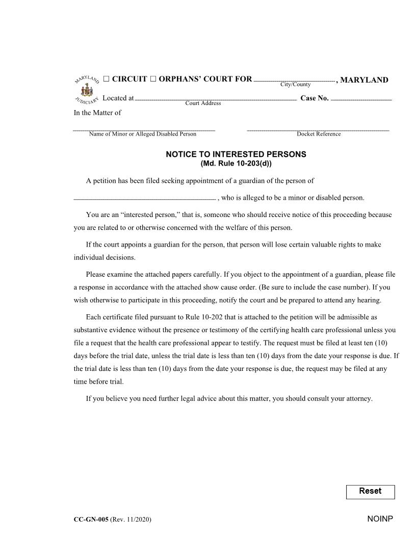 Notice To Interested Persons {CC-GN-005} | Pdf Fpdf Docx | Maryland