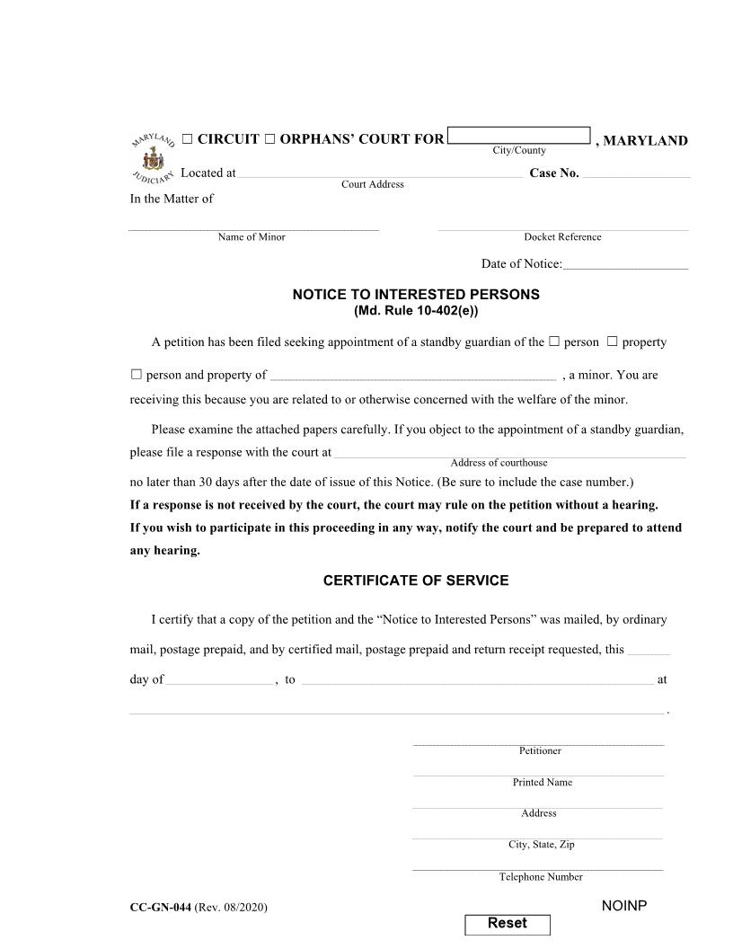 Notice To Interested Persons {CC-GN-044} | Pdf Fpdf Docx | Maryland