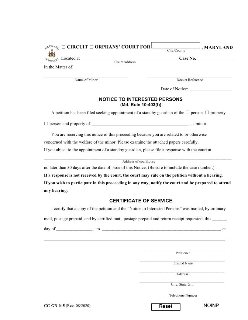 Notice To Interested Persons {CC-GN-045} | Pdf Fpdf Docx | Maryland