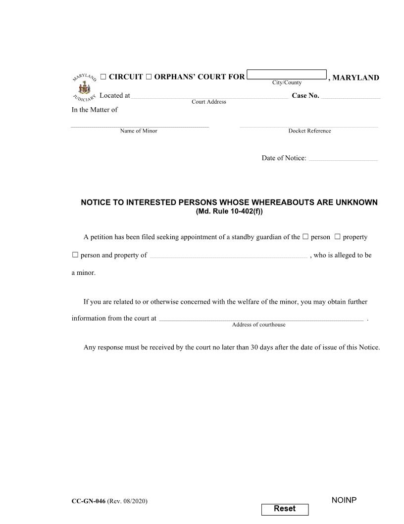 Notice To Interested Persons Whose Whereabouts Are Unknown {CC-GN-046} | Pdf Fpdf Docx | Maryland