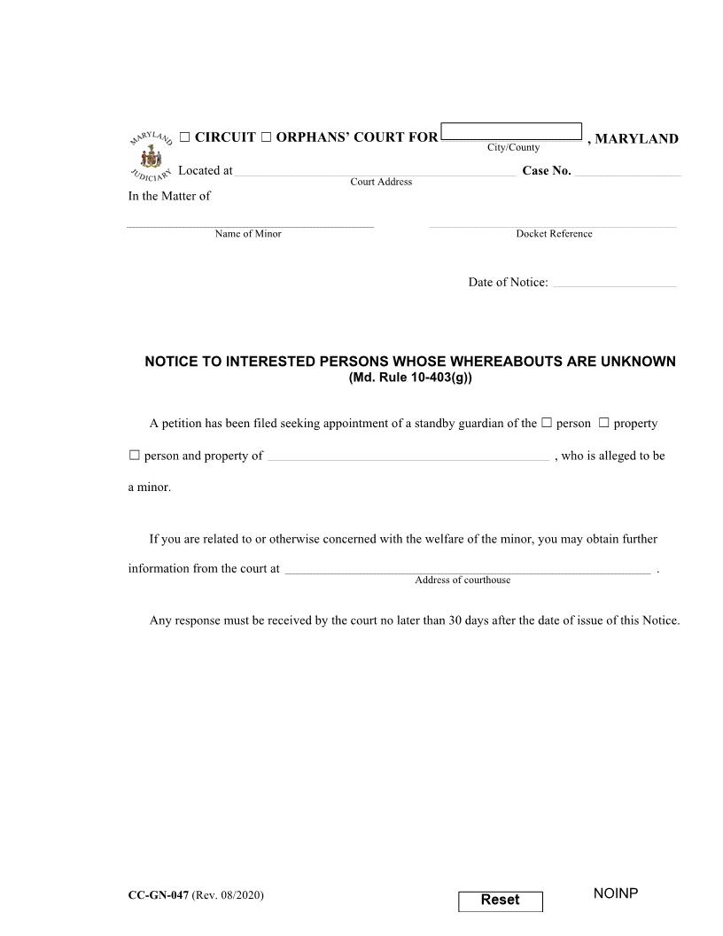 Notice To Interested Persons Whose Whereabouts Are Unknown {CC-GN-047} | Pdf Fpdf Docx | Maryland