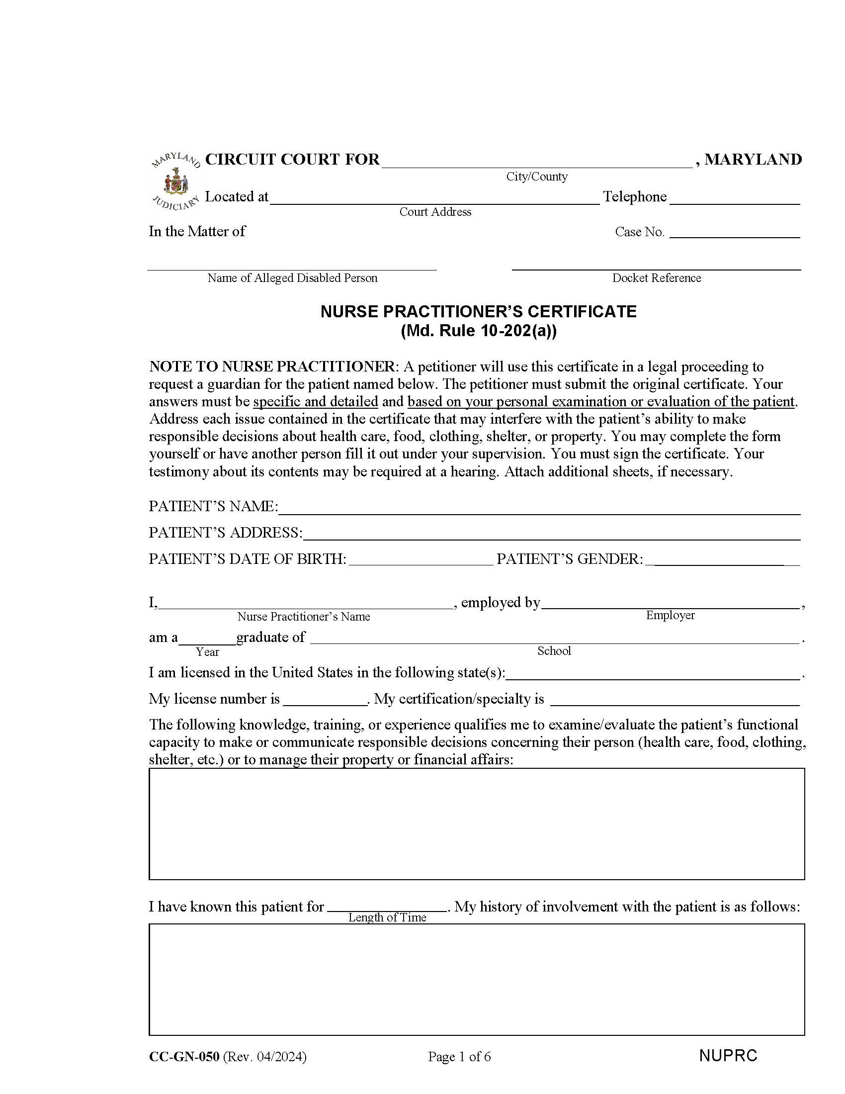 Nurse Practitioners Certificate {CC-GN-050} | Pdf Fpdf Docx | Maryland